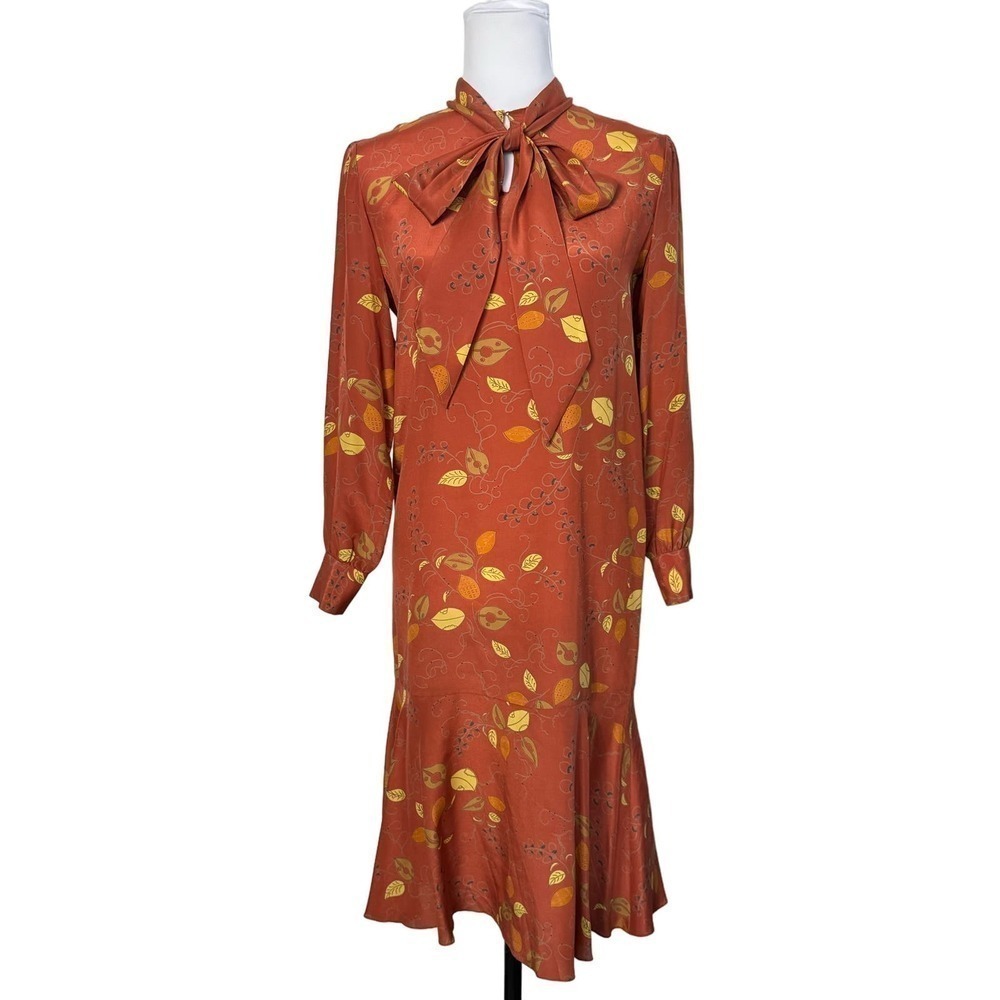 Vintage Charlotte Ford Retro 100% Silk Dress Tie Neck Collar Leaf ‎ Rust Size 4